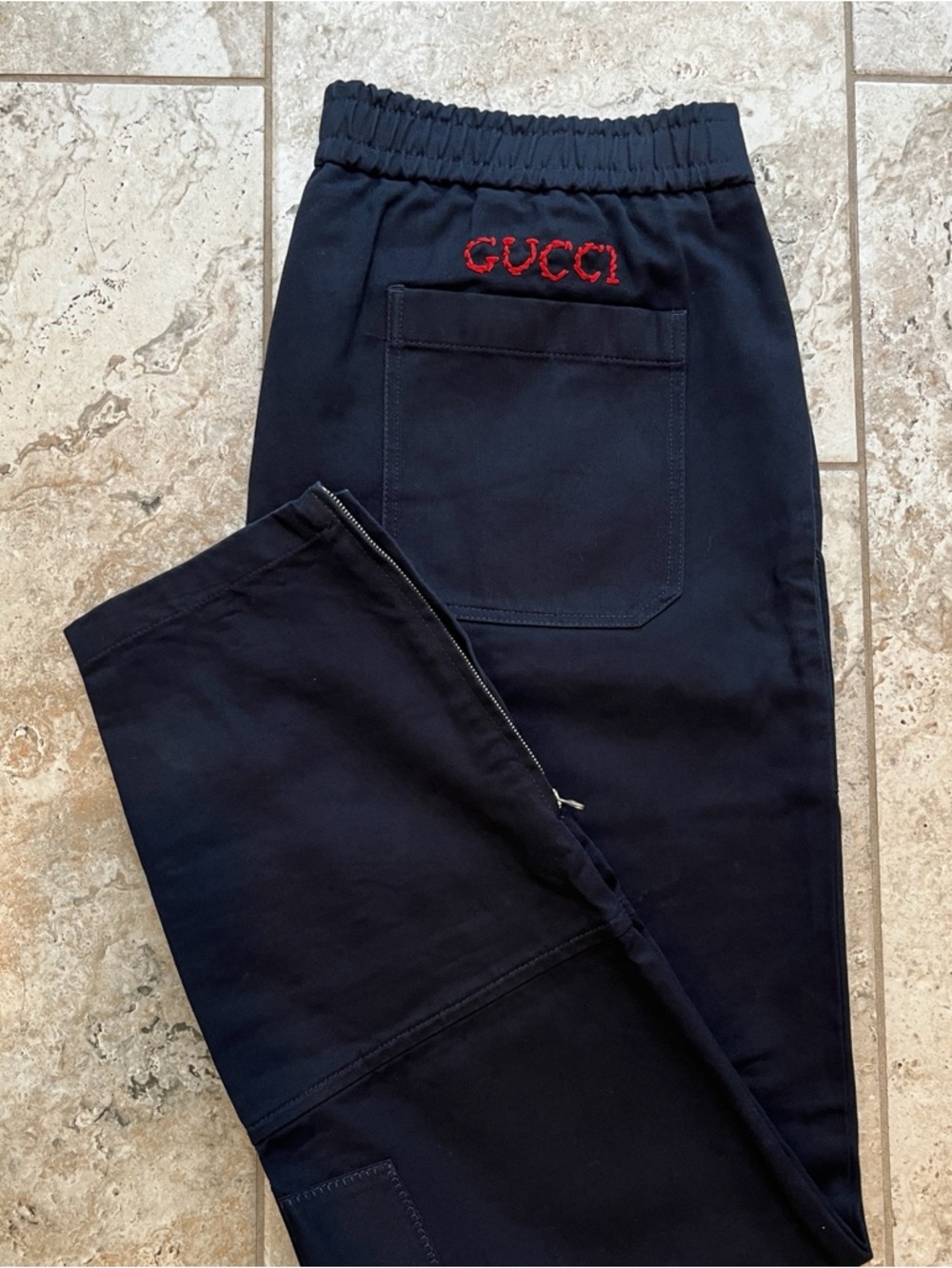 Gucci Men’s Chino Pants - Deep Blue Cotton Trousers with Embroidered Accent Sz L